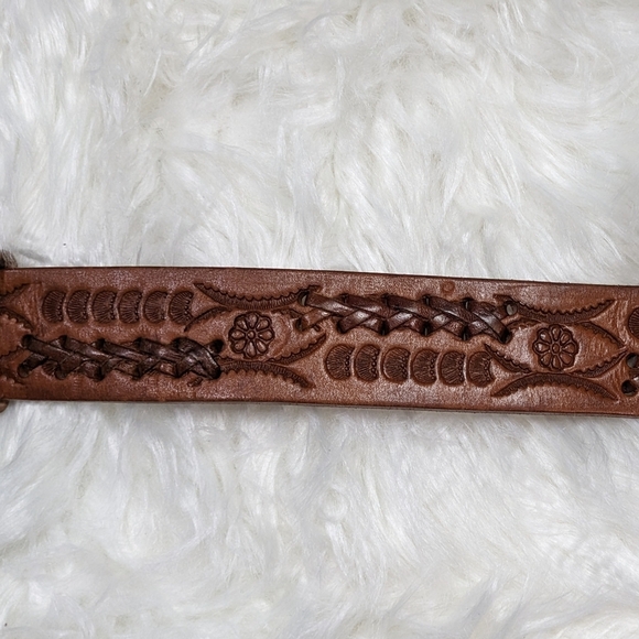 Vintage Hand Tooled Embossed Leather Cognac Brown Braided Belt Size 38 - Picture 3 of 8
